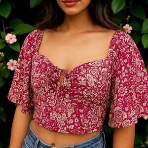 NEW Japna Floral Puff Sleeve Sweetheart Crop Blouse Milk‎ Maid Fairy Feminine L